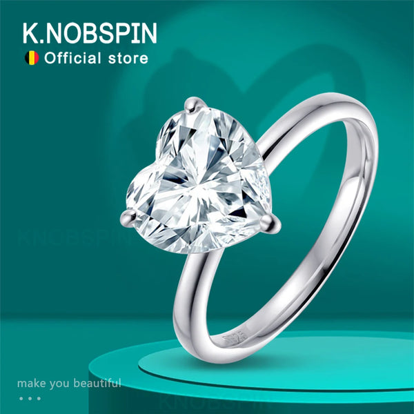 KNOBSPIN 10x10mm 4ct Heart Moissanite Ring with Certificate Original s925 Silver plated 18k Rings for Women Wedding Gift Jewelry